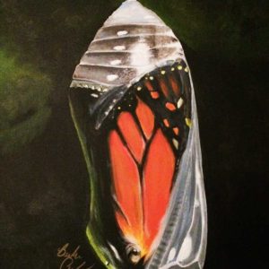 Painting of a Monarch about to be free by artist Barbara Andrews