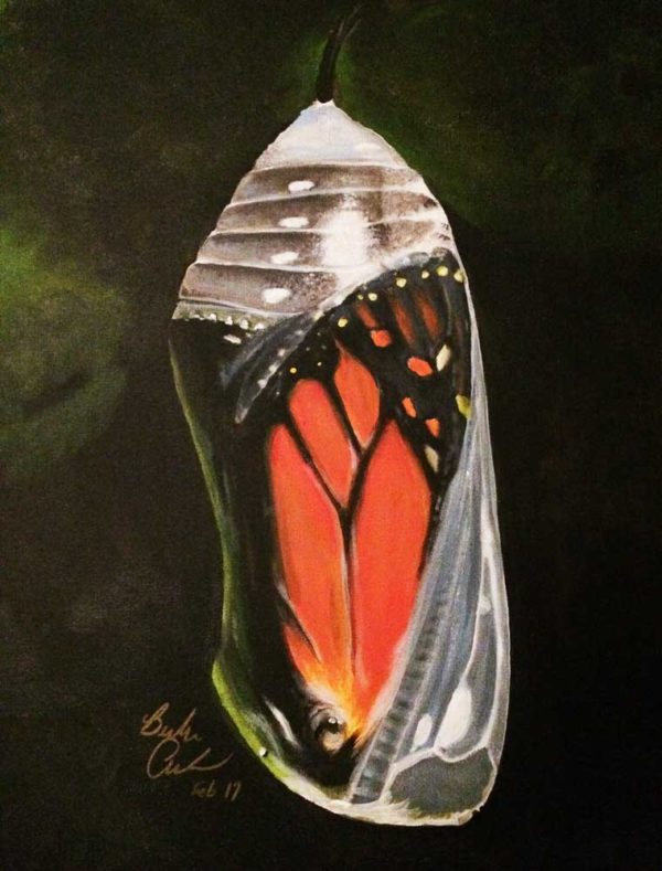 Painting of a Monarch about to be free by artist Barbara Andrews